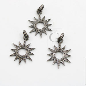 Antique Look Sunburst Oxidized Designer Rosecut Pave Diamond Pendant 925 Sterling Silver Handmade Finish Diamond Charms Necklace Pendant