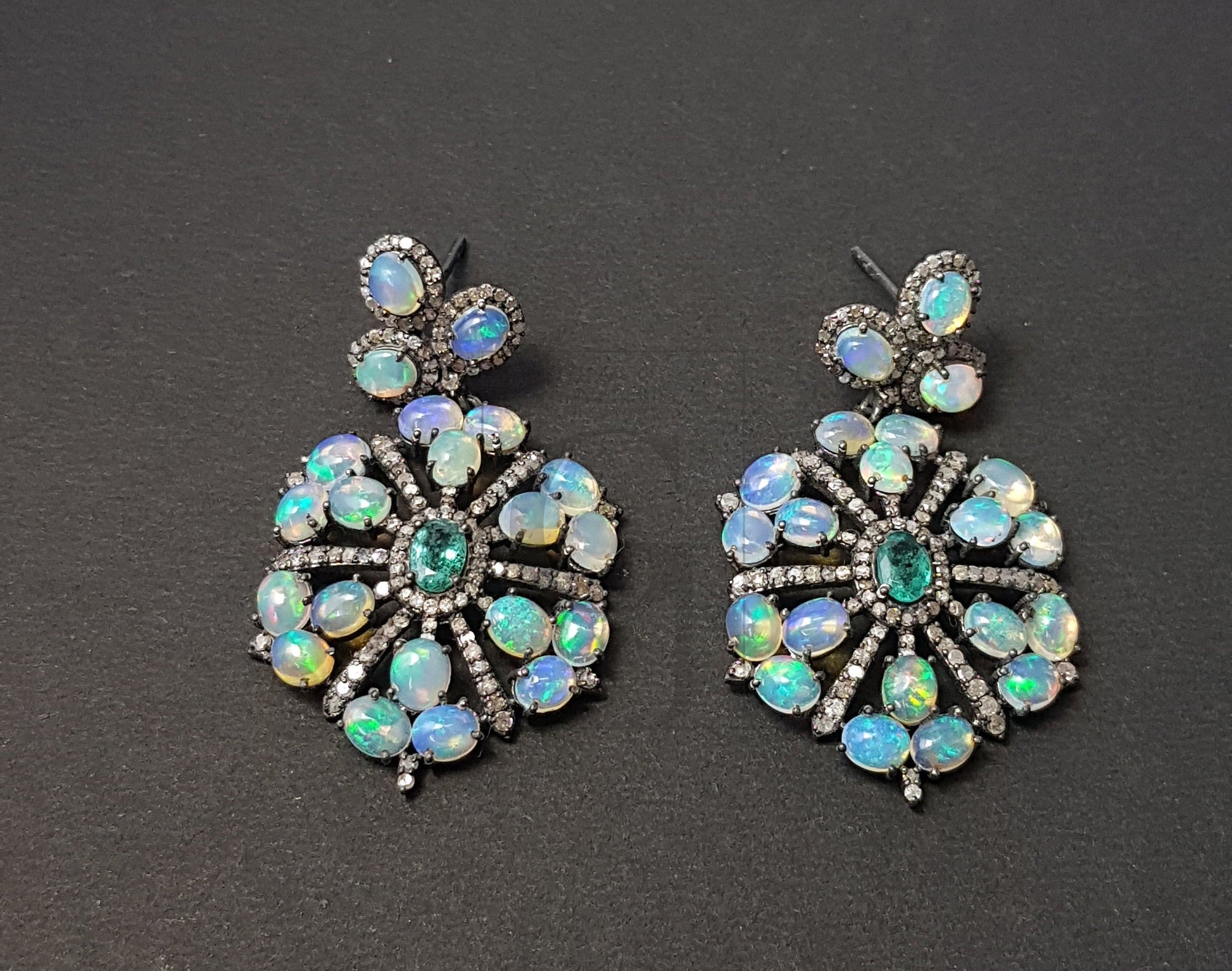 Beautiful Opal And Emerald Stone Design Pave Rosecut Diamond 925 Sterling Silver Handmade Pave Diamond Earring Sterling