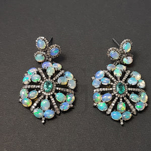 Beautiful Opal And Emerald Stone Design Pave Rosecut Diamond 925 Sterling Silver Handmade Pave Diamond Earring Sterling