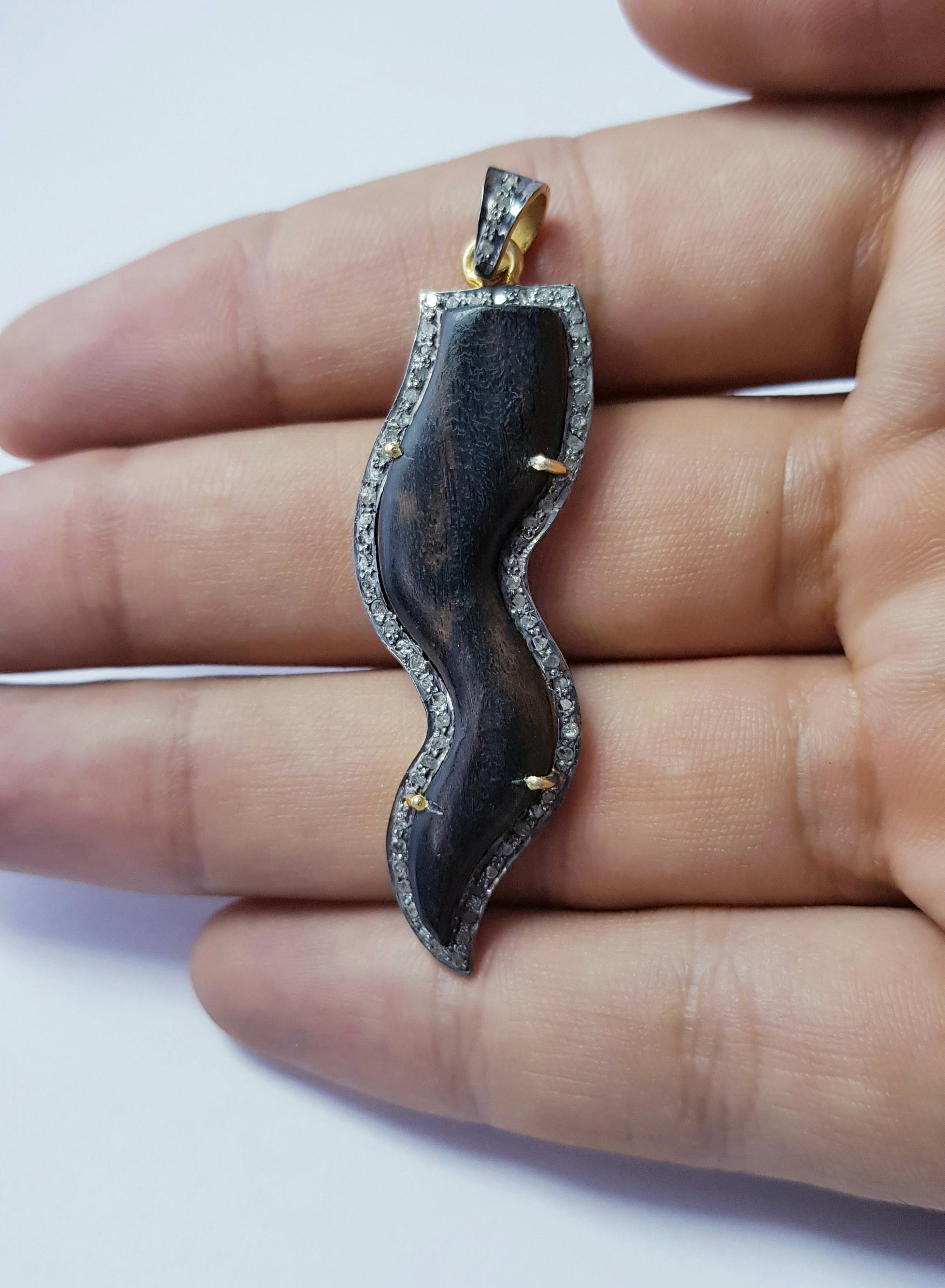 Beautiful Designer Wooden Pave Diamond Pendant 925 Sterling Silver Handmade Finish Diamond Pendant Jewelry