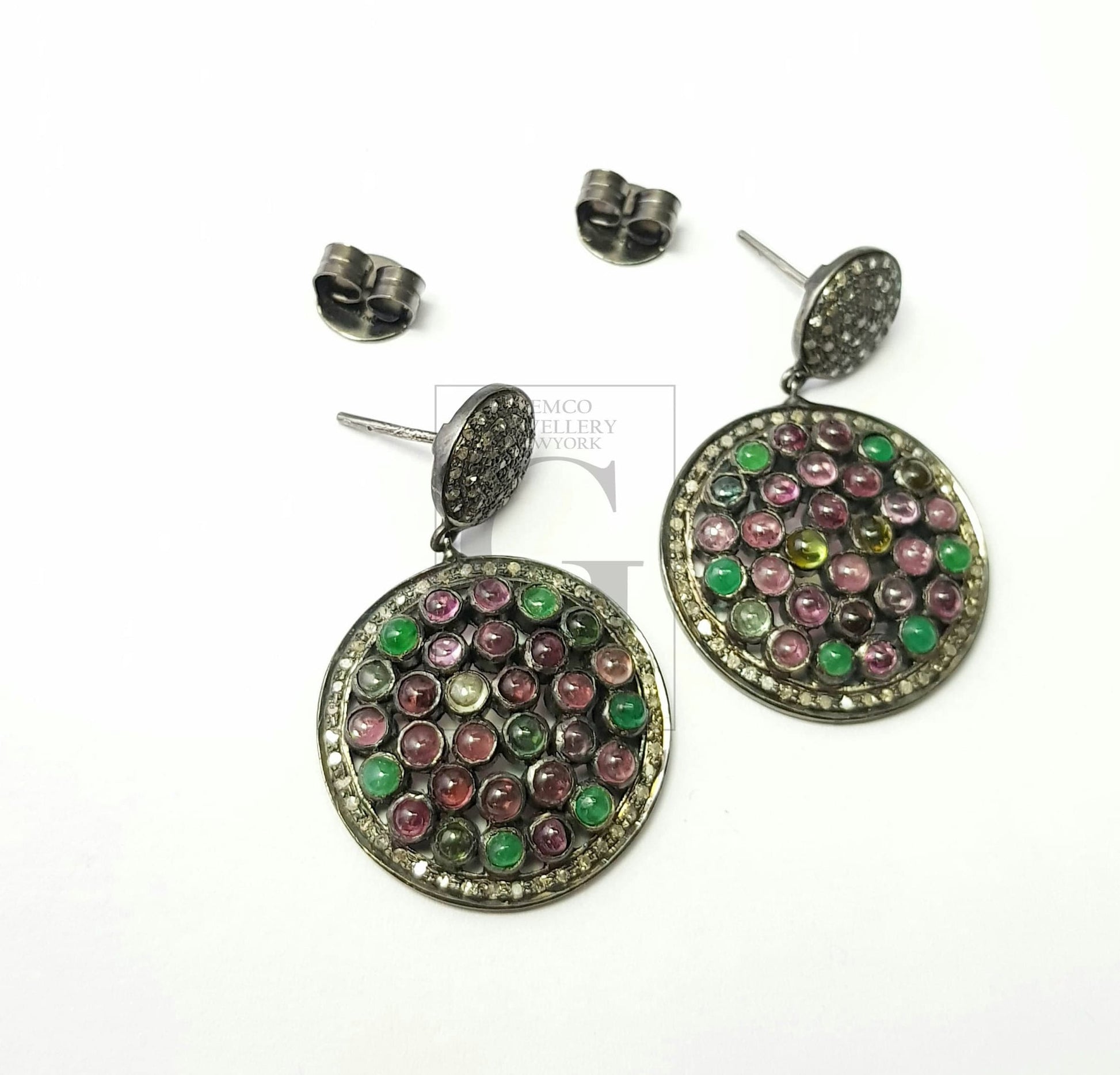 Multi colored Tourmaline stone designer earrings Rosecut pave diamond earrings 925 sterling silver handmade silver finish diamond earrings