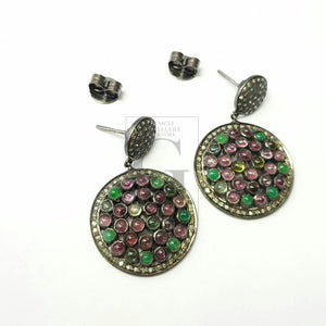 Multi colored Tourmaline stone designer earrings Rosecut pave diamond earrings 925 sterling silver handmade silver finish diamond earrings