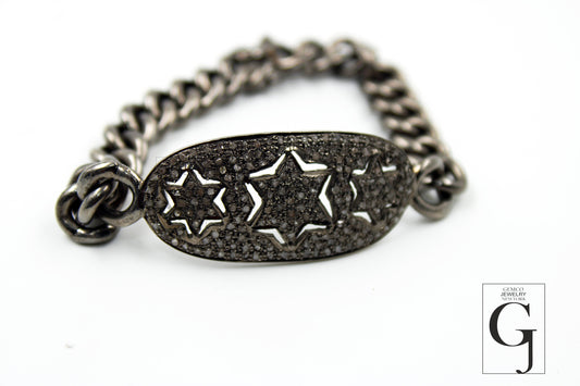 Antique Look Oxidized Star Designer Bracelet Rosecut Pave Diamond Bangle Bracelet 925 Sterling Silver Handmade Finish Diamond Bangle Bracelet