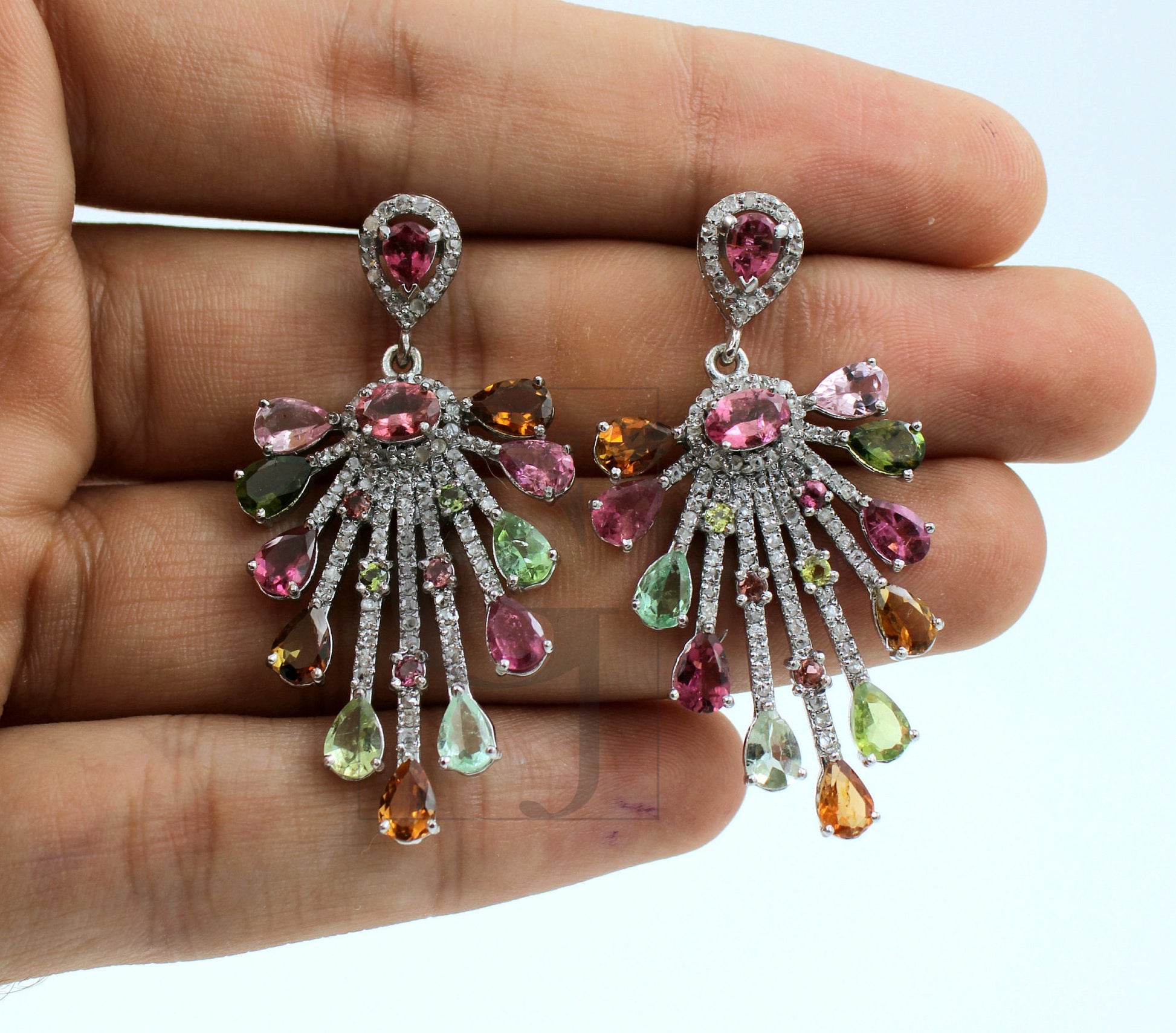 Very beautiful designer  Natural multi colored tourmaline earring stone with rosecut diamond pave setting diamond earring