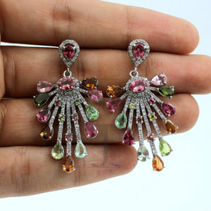 Very beautiful designer  Natural multi colored tourmaline earring stone with rosecut diamond pave setting diamond earring