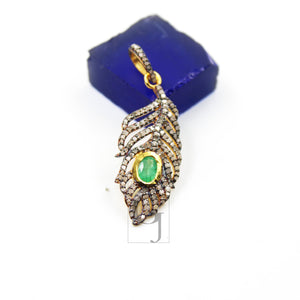 Beautiful Designer Feather Emerald Pendant Rosecut Pave Diamond Pendant 925 Sterling Silver Handmade Finish Diamond Necklace Pendant Jewelry