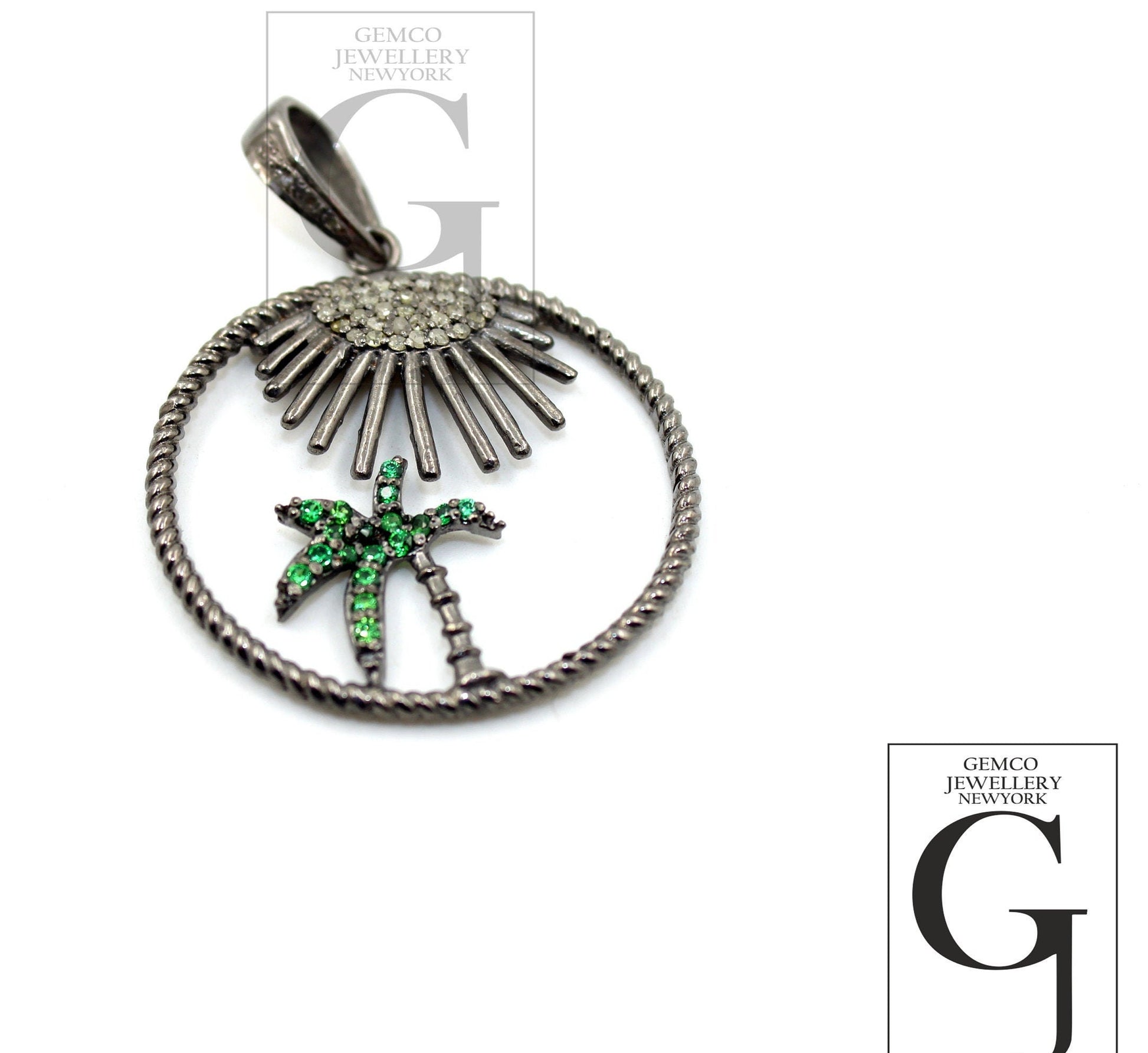Very beautiful beach designer emerald Rosecut pave diamond pendant 925 sterling silver handmade finish diamond jewelry necklace pendant