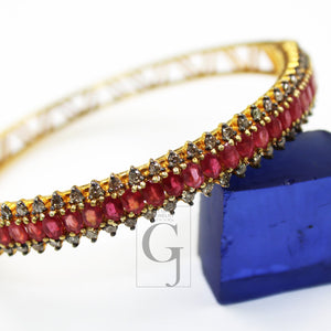 Beautiful 18k Gold Ruby Bangle Rosecut Pave Diamond Bangle Bracelet 925 Sterling Silver Handmade Finish Diamond Bangle Bracelet Jewelry