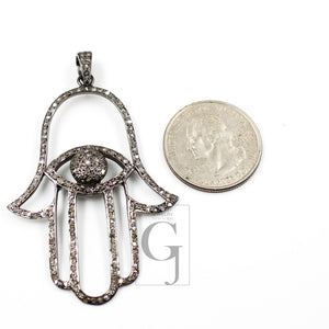 Antique Look Oxidized Evil Eye Humsa Designer Rosecut Pave Diamond Pendant 925 Sterling Silver Handmade Finish Diamond Necklace Pendant