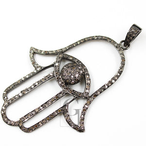 Antique Look Oxidized Evil Eye Humsa Designer Rosecut Pave Diamond Pendant 925 Sterling Silver Handmade Finish Diamond Necklace Pendant