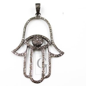 Antique Look Oxidized Evil Eye Humsa Designer Rosecut Pave Diamond Pendant 925 Sterling Silver Handmade Finish Diamond Necklace Pendant