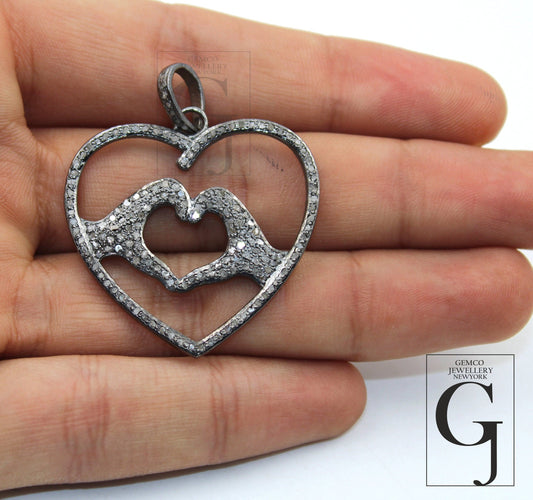 One of a Kind Heart Designer Pendant Rosecut Pave Diamond Pendant 925 Sterling Silver Handmade Finish Diamond Jewelry Necklace Pendant