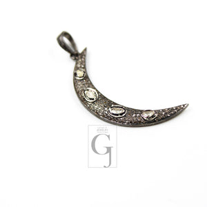 Slice Diamond Crescent Moon Designer Pendant Rosecut Pave Diamond Pendant 925 Sterling Silver Handmade Finish Diamond Charm Necklace Pendant