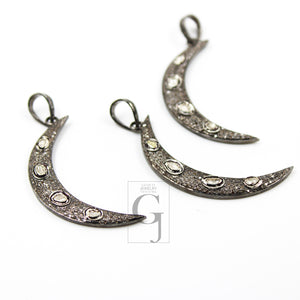 Slice Diamond Crescent Moon Designer Pendant Rosecut Pave Diamond Pendant 925 Sterling Silver Handmade Finish Diamond Charm Necklace Pendant