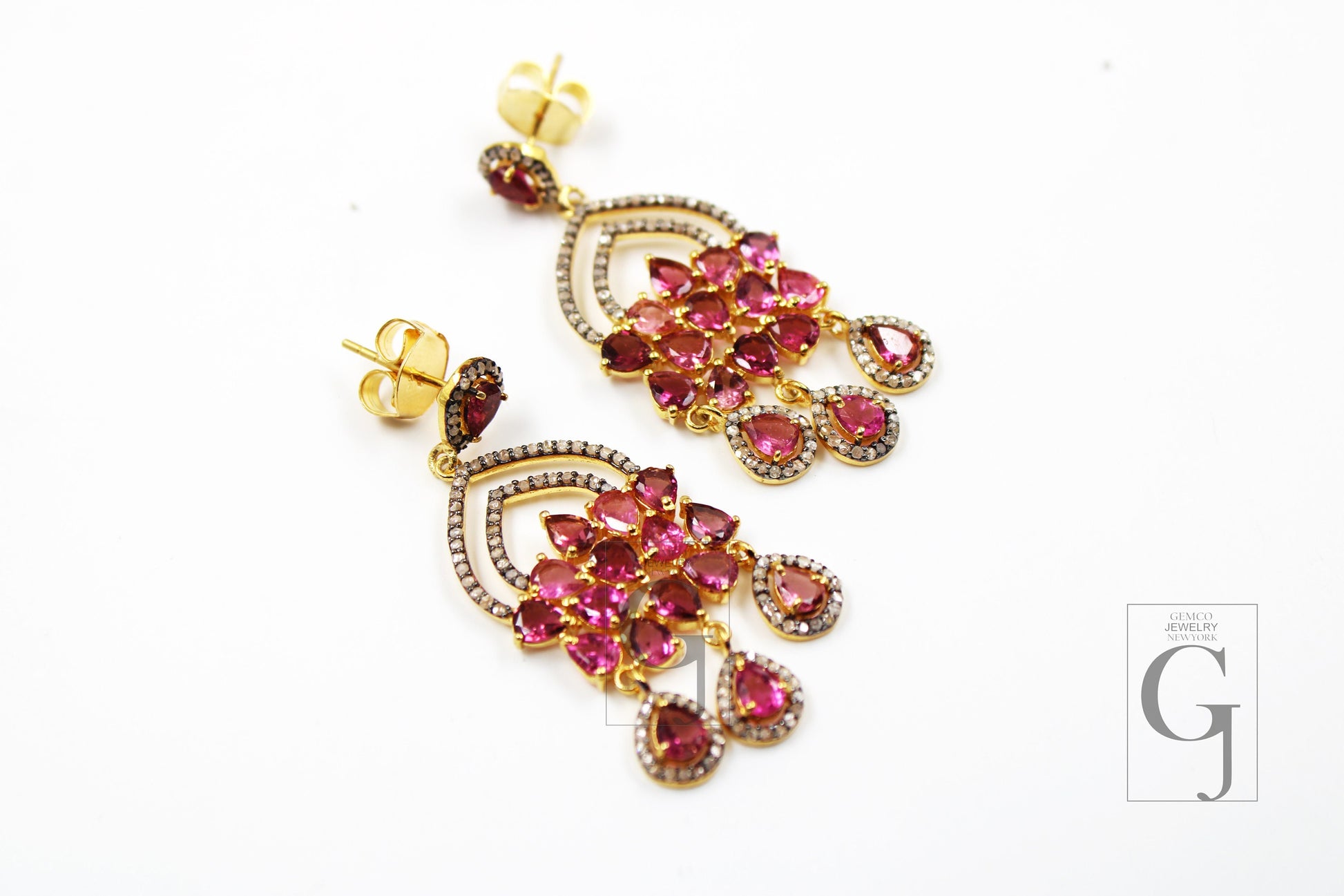 Beautiful 14k Tourmaline/Rubellite Designer Earring Rosecut Pave Diamond Earrings 925 Sterling Silver Handmade Silver Finish Diamond Earring