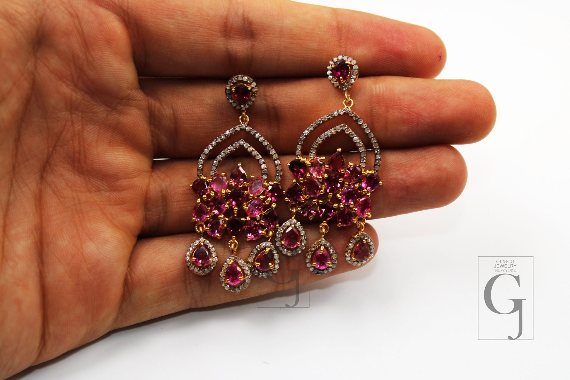 Beautiful 14k Tourmaline/Rubellite Designer Earring Rosecut Pave Diamond Earrings 925 Sterling Silver Handmade Silver Finish Diamond Earring