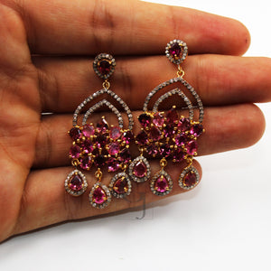 Beautiful 14k Tourmaline/Rubellite Designer Earring Rosecut Pave Diamond Earrings 925 Sterling Silver Handmade Silver Finish Diamond Earring