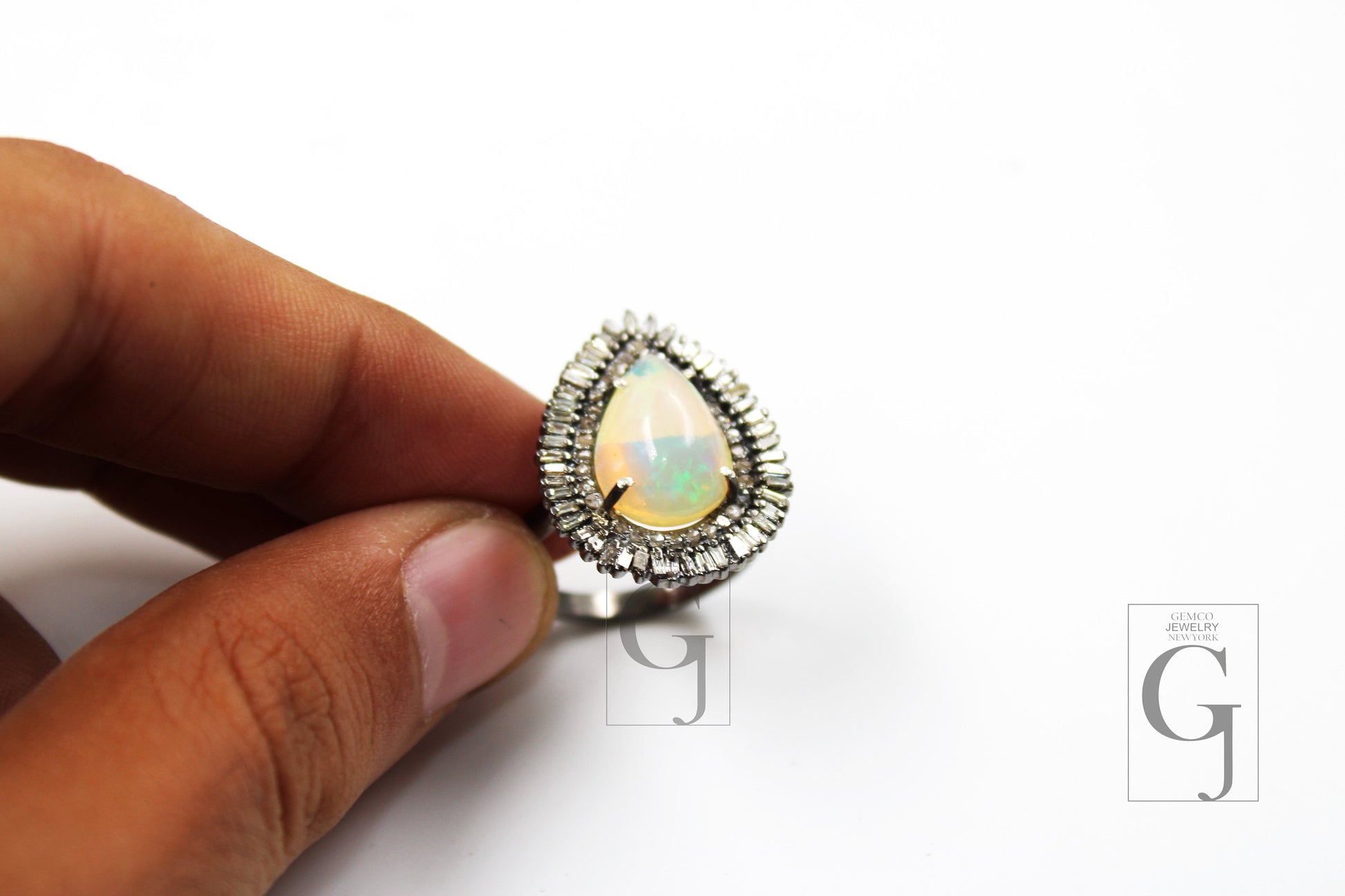 Teardrop design opal ring beautiful designer Rosecut pave diamond rings 925 sterling silver handmade silver finish diamond Baguette ring