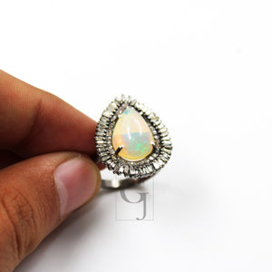 Teardrop design opal ring beautiful designer Rosecut pave diamond rings 925 sterling silver handmade silver finish diamond Baguette ring