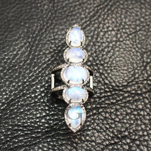 Very Beautiful Rainbow Moonstone Ring Designer Rosecut Pave Diamond Rings 925 Sterling Silver Handmade Silver Finish Diamond Ring