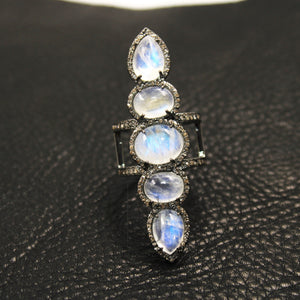 Very Beautiful Rainbow Moonstone Ring Designer Rosecut Pave Diamond Rings 925 Sterling Silver Handmade Silver Finish Diamond Ring