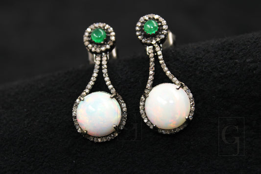 Fashionable opal and emerald designer earring Rosecut pave diamond earrings 925 sterling silver handmade silver finish diamond earring