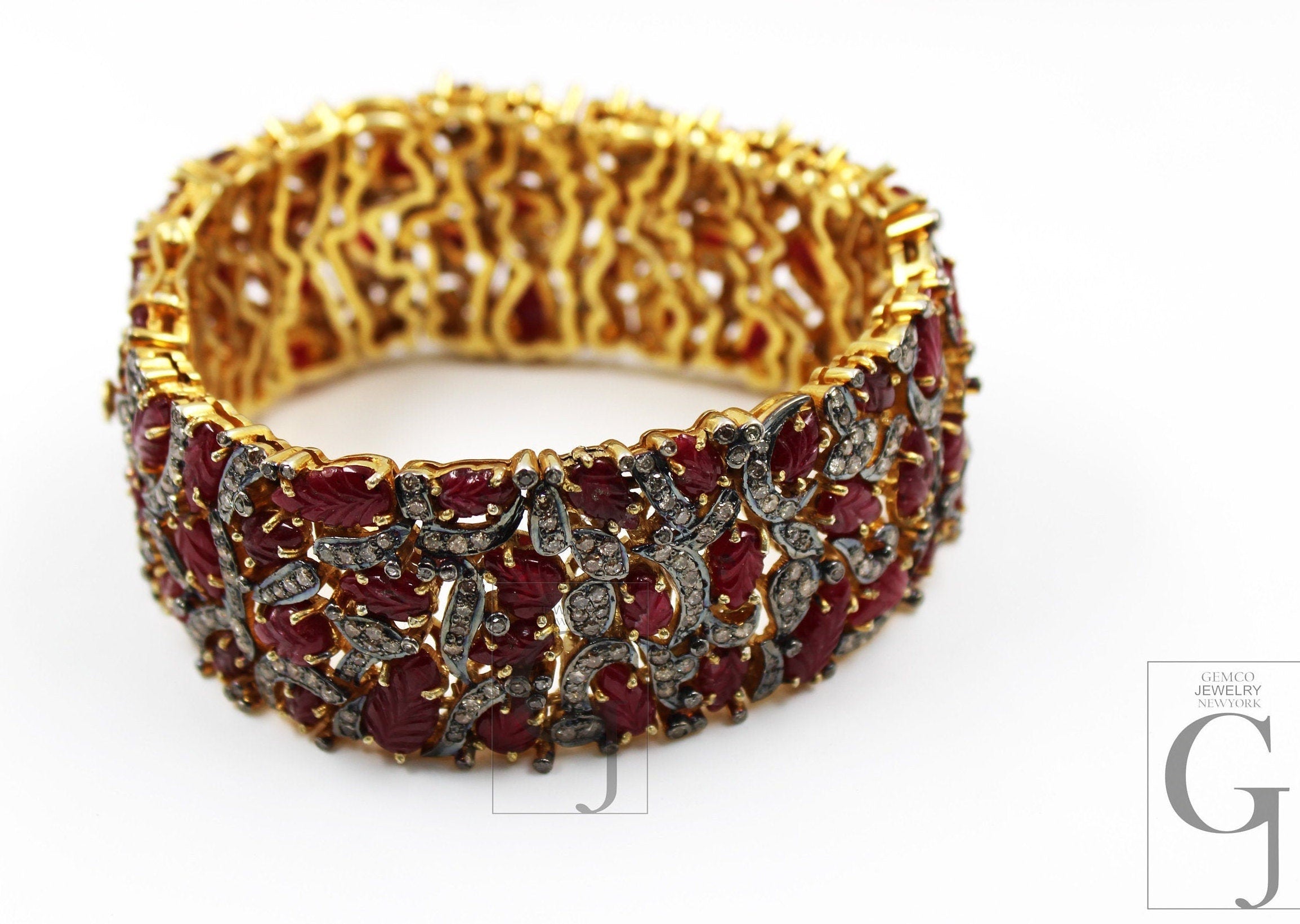 Viva Magenta Natural Ruby Hand Carved Leaf 18k gold Finish Rosecut Pav ...