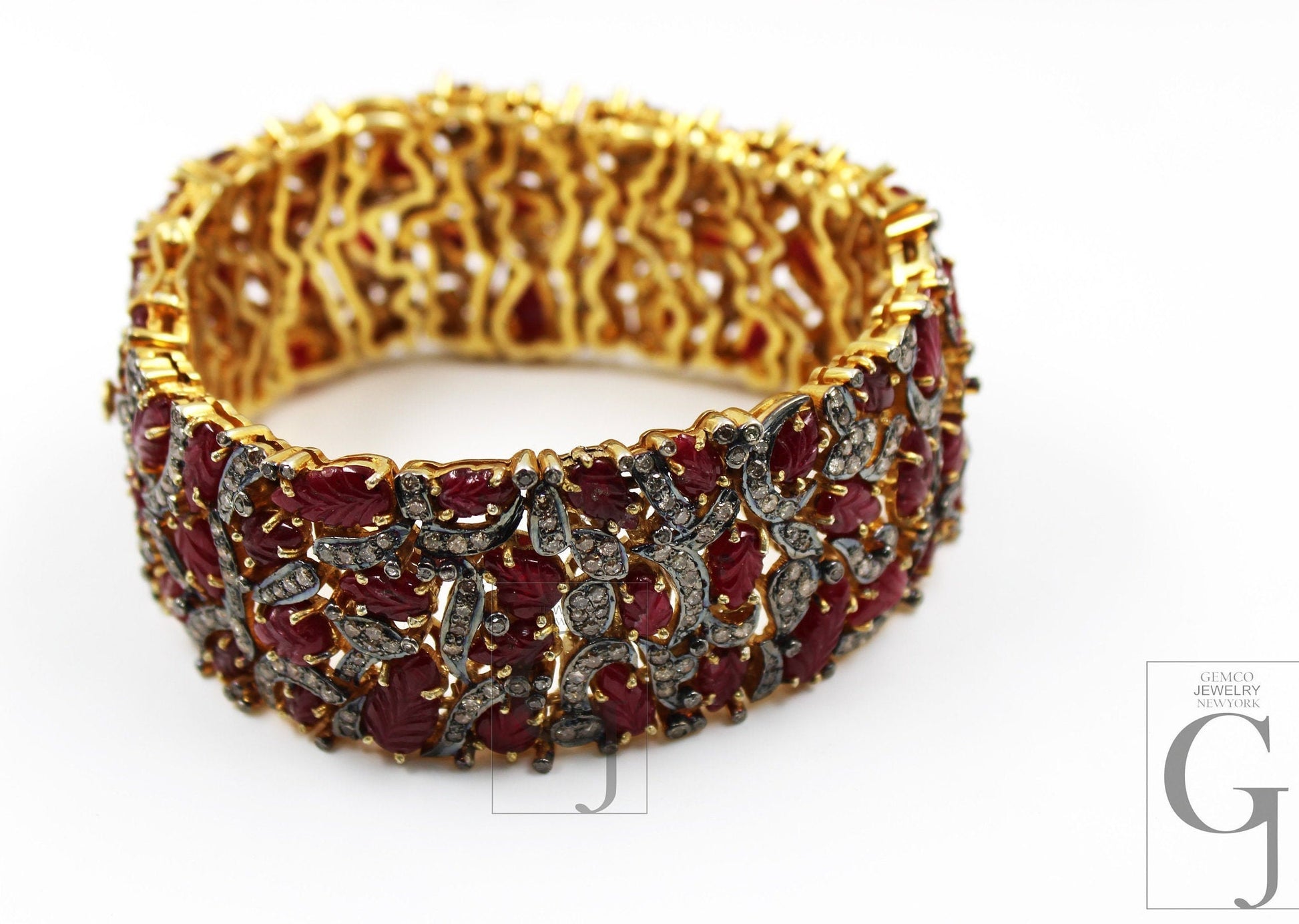 Viva magenta Natural ruby hand carved leaf 18k gold finish Rosecut pave diamond bracelet diamond bangle bracelet vintage victorian jewelery