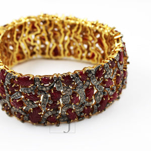 Viva magenta Natural ruby hand carved leaf 18k gold finish Rosecut pave diamond bracelet diamond bangle bracelet vintage victorian jewelery