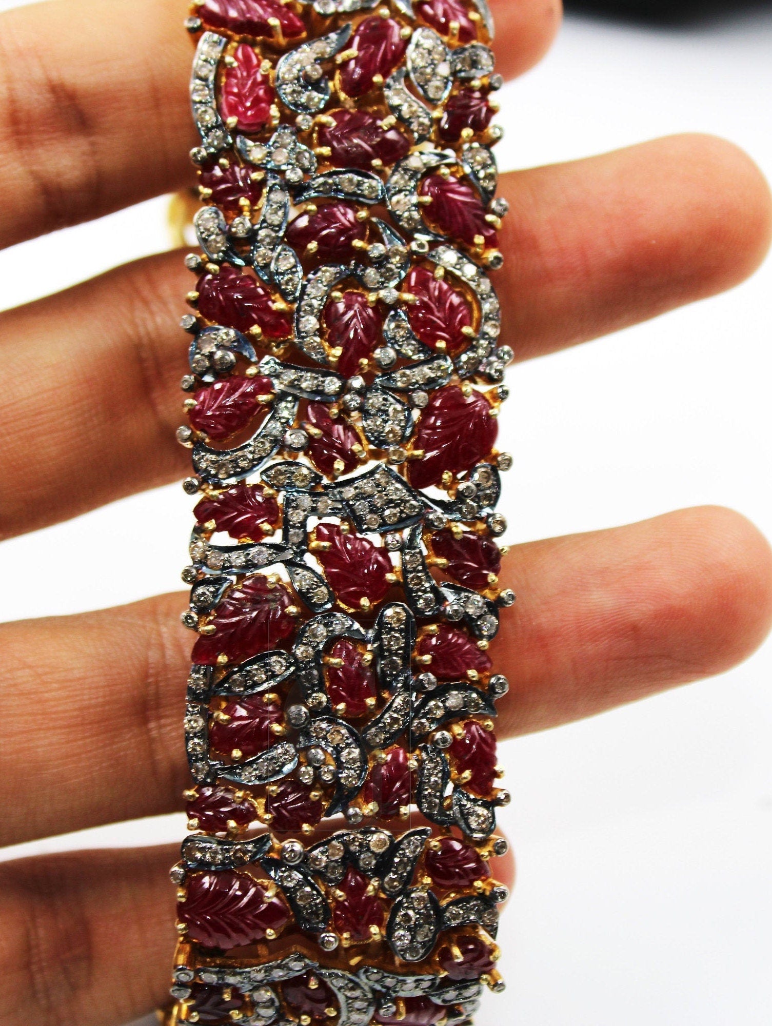 Viva magenta Natural ruby hand carved leaf 18k gold finish Rosecut pave diamond bracelet diamond bangle bracelet vintage victorian jewelery