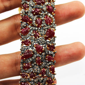 Viva magenta Natural ruby hand carved leaf 18k gold finish Rosecut pave diamond bracelet diamond bangle bracelet vintage victorian jewelery