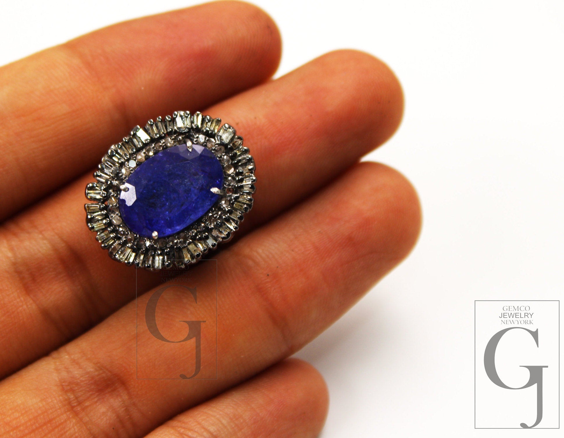 Very Beautiful AAA Quality Natural Tanzanite Ring, Baguettes Ring Designer Rosecut Pave Diamond Ring 925 Sterling Silver Handmade Ring