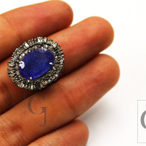 Very Beautiful AAA Quality Natural Tanzanite Ring, Baguettes Ring Designer Rosecut Pave Diamond Ring 925 Sterling Silver Handmade Ring