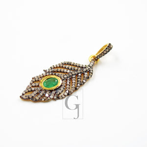 Beautiful Designer Feather Emerald Pendant Rosecut Pave Diamond Pendant 925 Sterling Silver Handmade Finish Diamond Necklace Pendant Jewelry