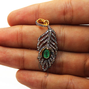 Beautiful Designer Feather Emerald Pendant Rosecut Pave Diamond Pendant 925 Sterling Silver Handmade Finish Diamond Necklace Pendant Jewelry