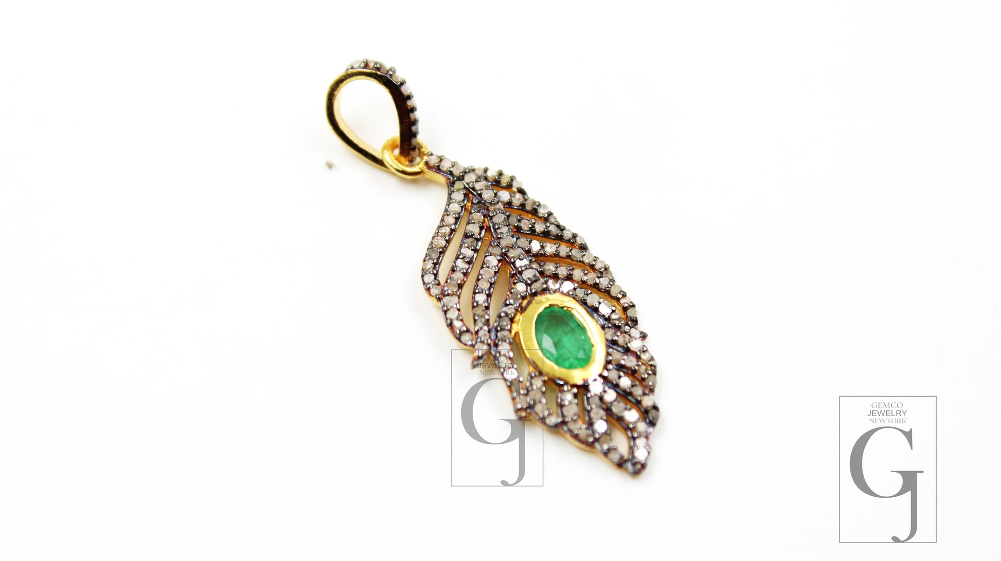 Beautiful Designer Feather Emerald Pendant Rosecut Pave Diamond Pendant 925 Sterling Silver Handmade Finish Diamond Necklace Pendant Jewelry