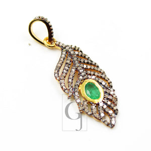 Beautiful Designer Feather Emerald Pendant Rosecut Pave Diamond Pendant 925 Sterling Silver Handmade Finish Diamond Necklace Pendant Jewelry