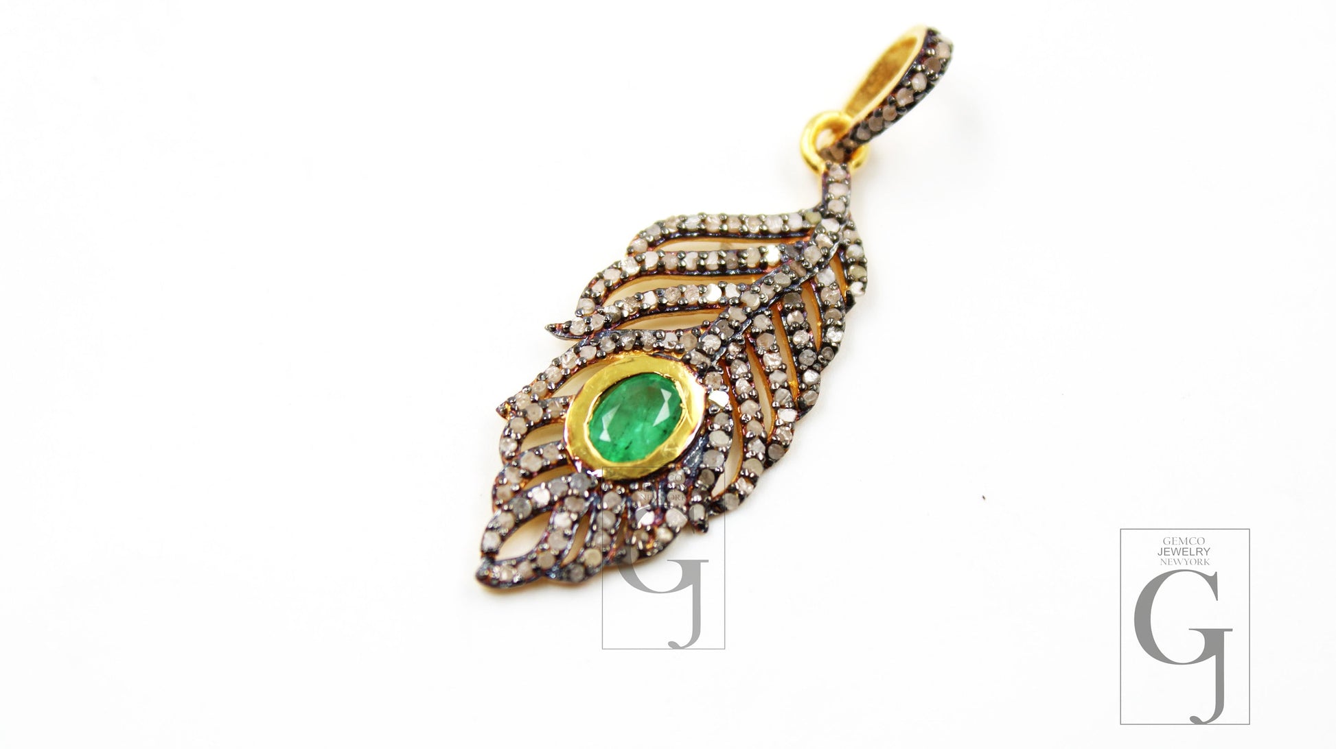 Beautiful Designer Feather Emerald Pendant Rosecut Pave Diamond Pendant 925 Sterling Silver Handmade Finish Diamond Necklace Pendant Jewelry