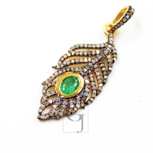 Beautiful Designer Feather Emerald Pendant Rosecut Pave Diamond Pendant 925 Sterling Silver Handmade Finish Diamond Necklace Pendant Jewelry
