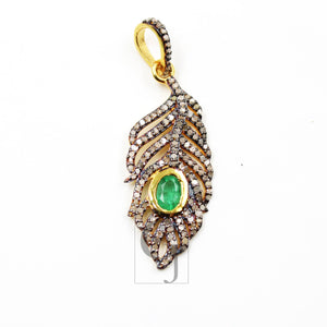 Beautiful Designer Feather Emerald Pendant Rosecut Pave Diamond Pendant 925 Sterling Silver Handmade Finish Diamond Necklace Pendant Jewelry