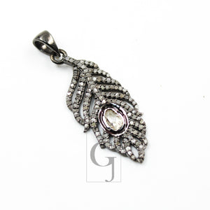 Beautiful Designer Feather Pendant Rosecut Pave Diamond Pendant 925 Sterling Silver Handmade Finish Slice Diamond Necklace Pendant Jewelry