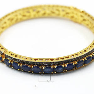 14k Gold Blue Sapphire Bangle Rosecut Pave Diamond Bangle Bracelet 925 Sterling Silver Handmade Finish Diamond Bangle Bracelet