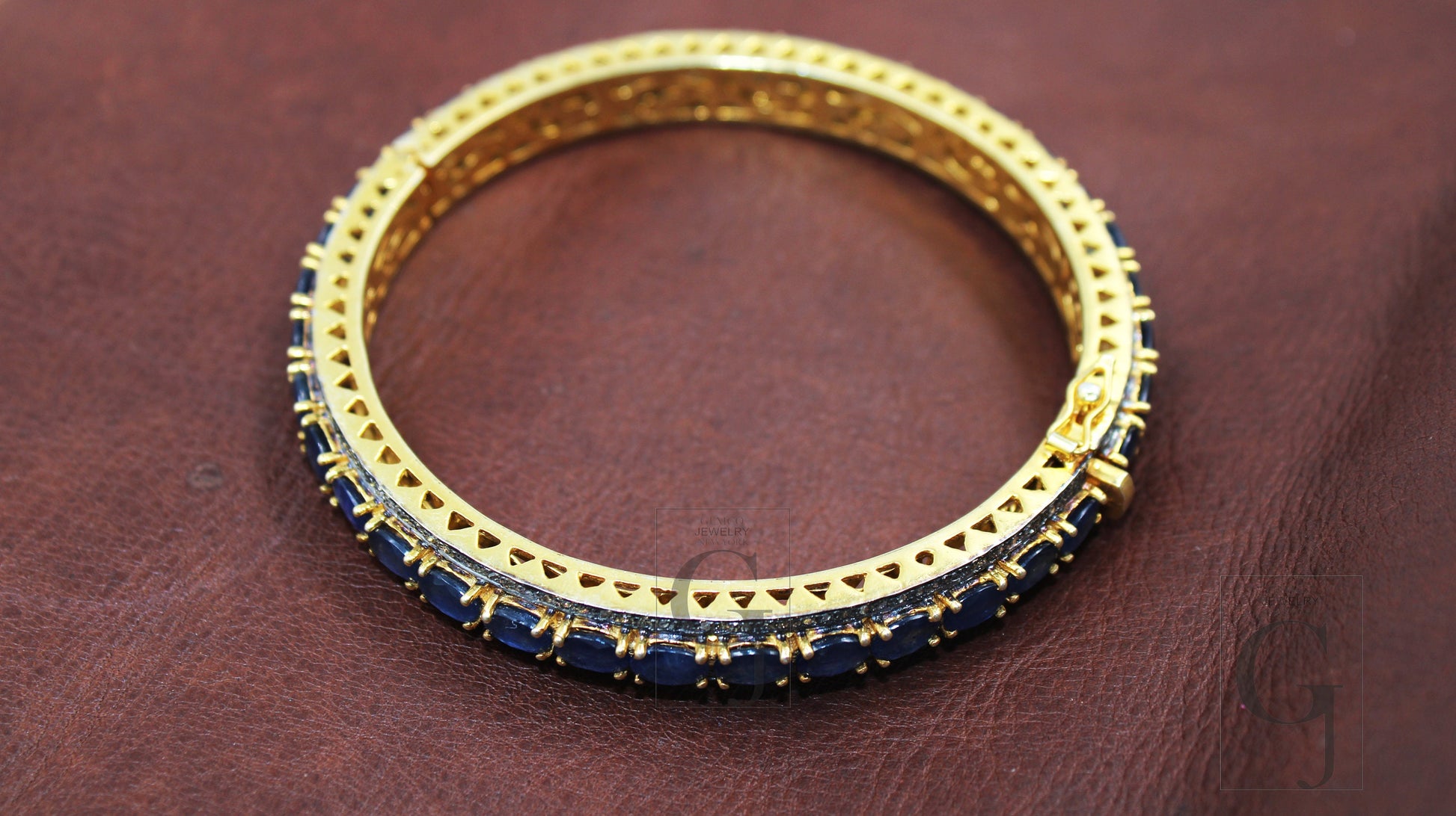 14k Gold Blue Sapphire Bangle Rosecut Pave Diamond Bangle Bracelet 925 Sterling Silver Handmade Finish Diamond Bangle Bracelet