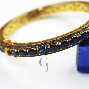 14k Gold Blue Sapphire Bangle Rosecut Pave Diamond Bangle Bracelet 925 Sterling Silver Handmade Finish Diamond Bangle Bracelet