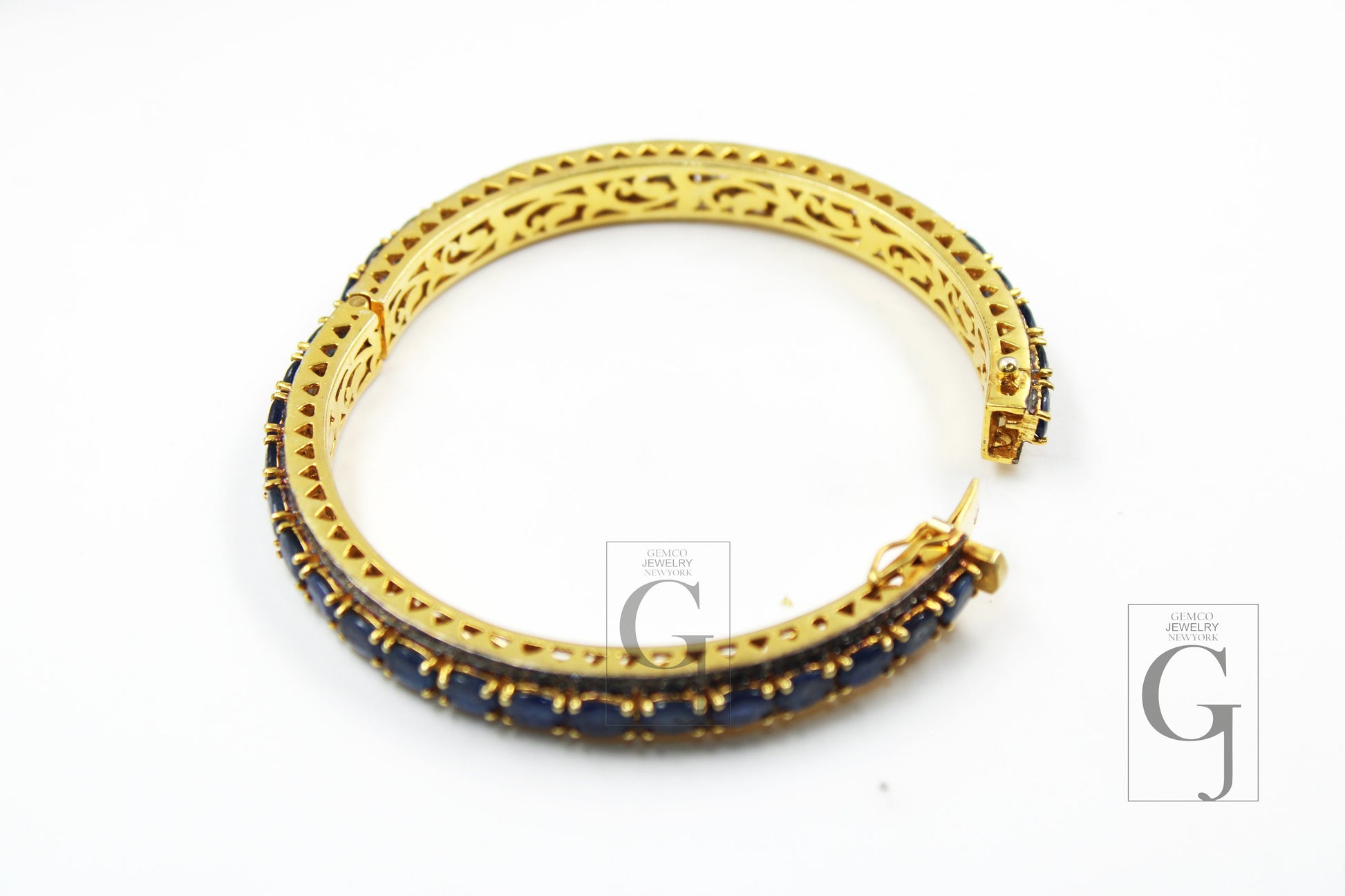 14k Gold Blue Sapphire Bangle Rosecut Pave Diamond Bangle Bracelet 925 Sterling Silver Handmade Finish Diamond Bangle Bracelet