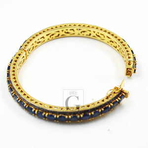 14k Gold Blue Sapphire Bangle Rosecut Pave Diamond Bangle Bracelet 925 Sterling Silver Handmade Finish Diamond Bangle Bracelet