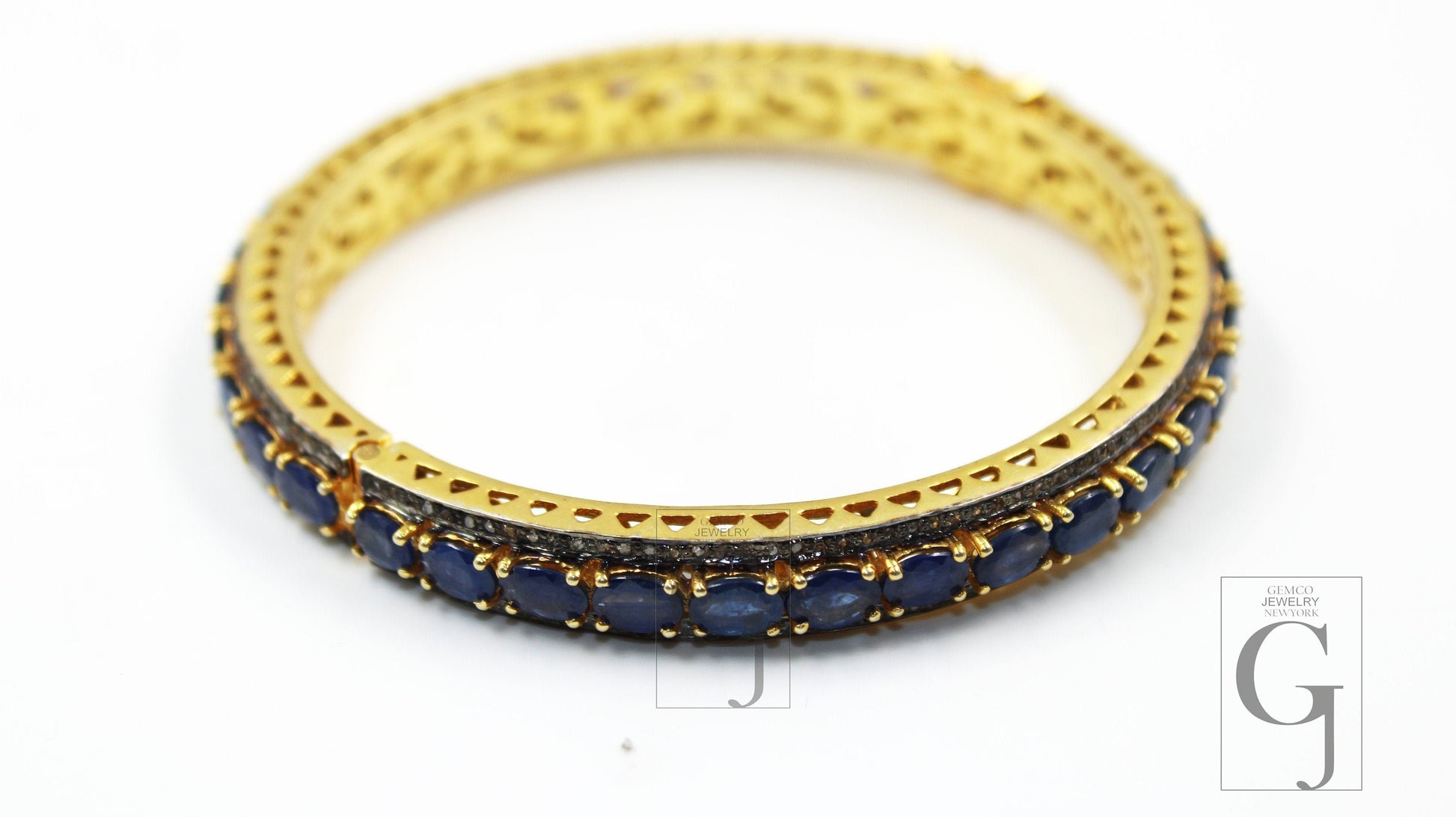 14k Gold Blue Sapphire Bangle Rosecut Pave Diamond Bangle Bracelet 925 Sterling Silver Handmade Finish Diamond Bangle Bracelet