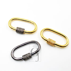 Pave Diamond 14k Gold 925 Sterling Silver Finish Oval Shaped Black And Gold Colored Screw Design Locks Clasp Necklace Charms