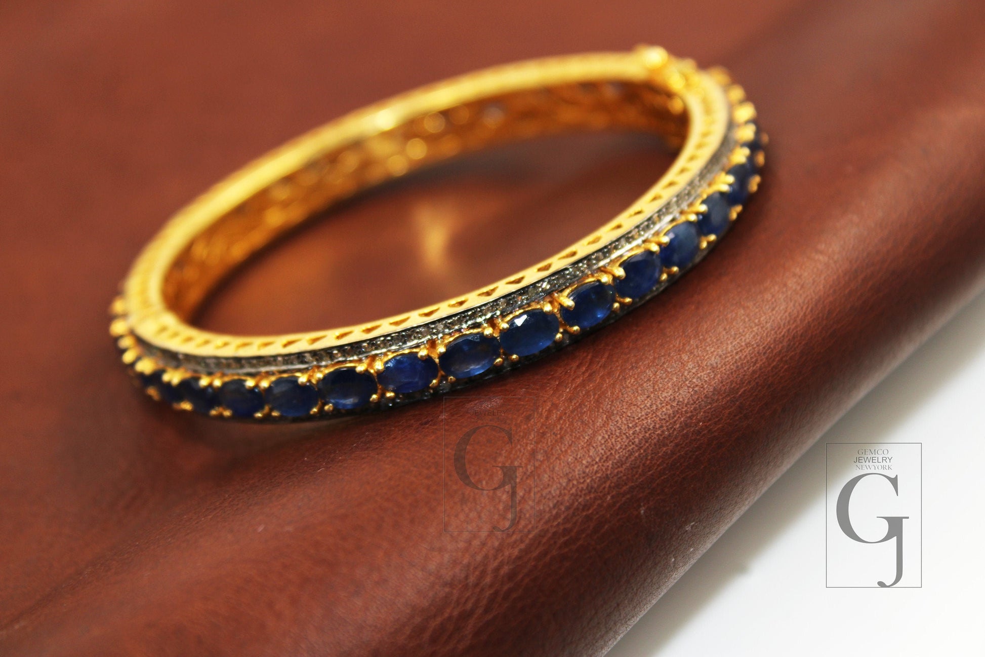 14k Gold Blue Sapphire Bangle Rosecut Pave Diamond Bangle Bracelet 925 Sterling Silver Handmade Finish Diamond Bangle Bracelet