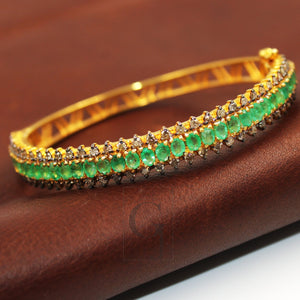 Fashionable 18k Gold Emerald Bangle Rosecut Pave Diamond Bangle Bracelet 925 Sterling Silver Handmade Finish Diamond Bangle Bracelet